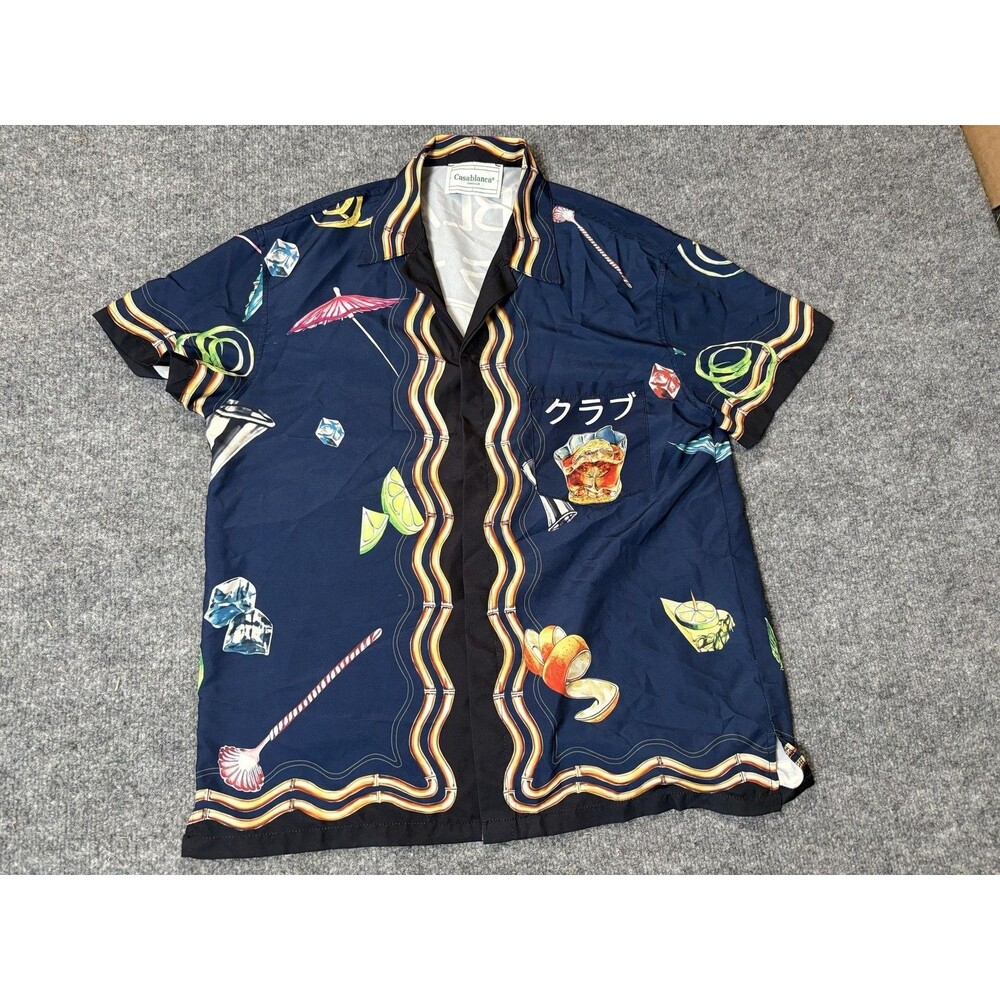 Casablanca Shirt Mens L Blue Cocktail Graphic Short Sleeve Button-Up Casual